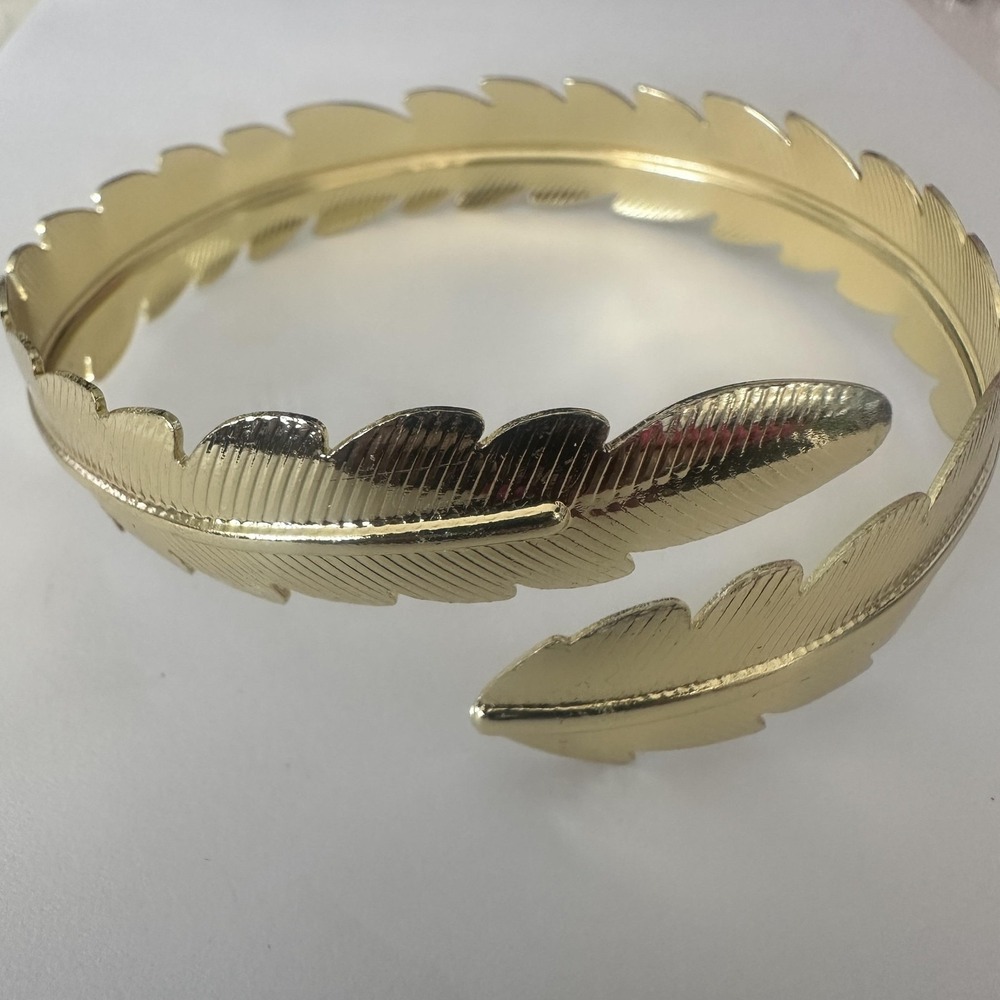 Gold Tone Feather Leaf Arm Cuff Bracelet Women 8 Inch Open Wrap Nature Statement
